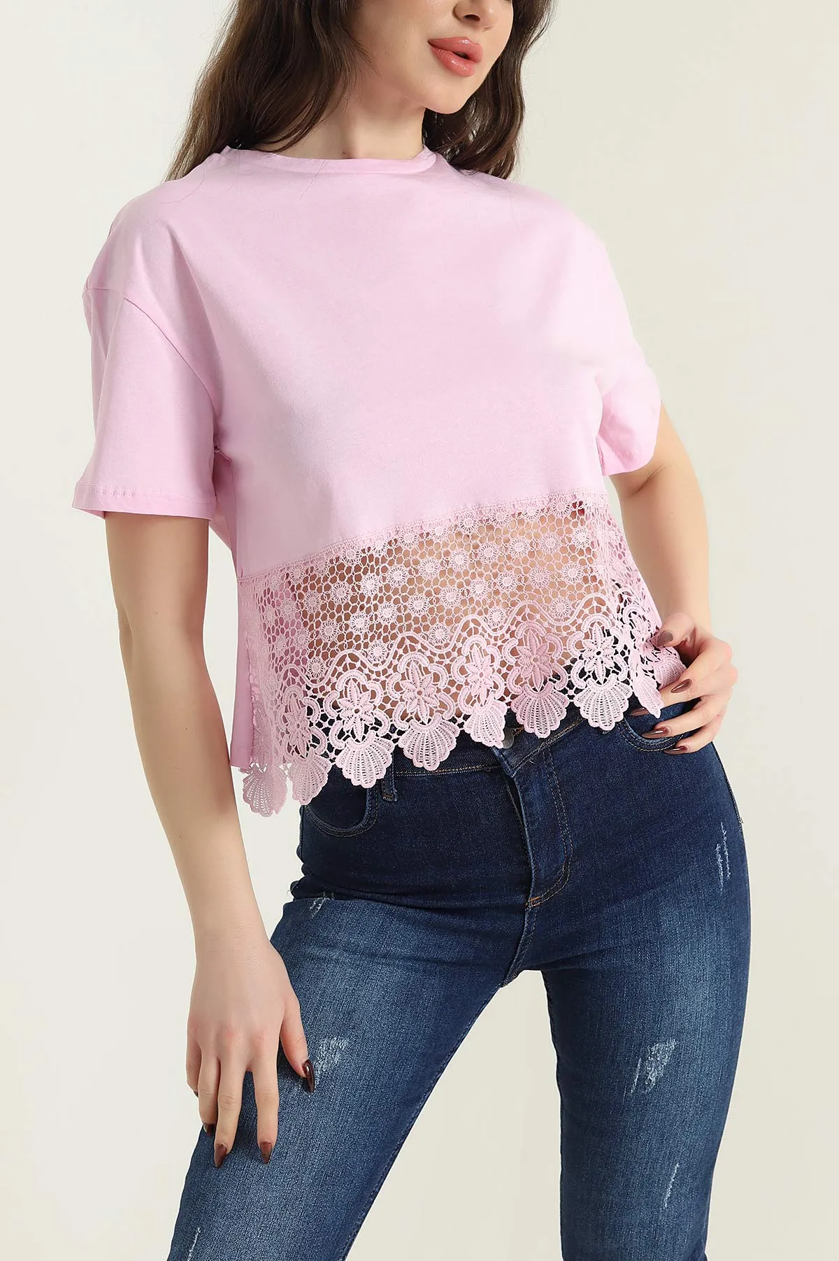 Pembe Bisiklet Yaka Güpür Detay Süprem Kadın Tişört 434241