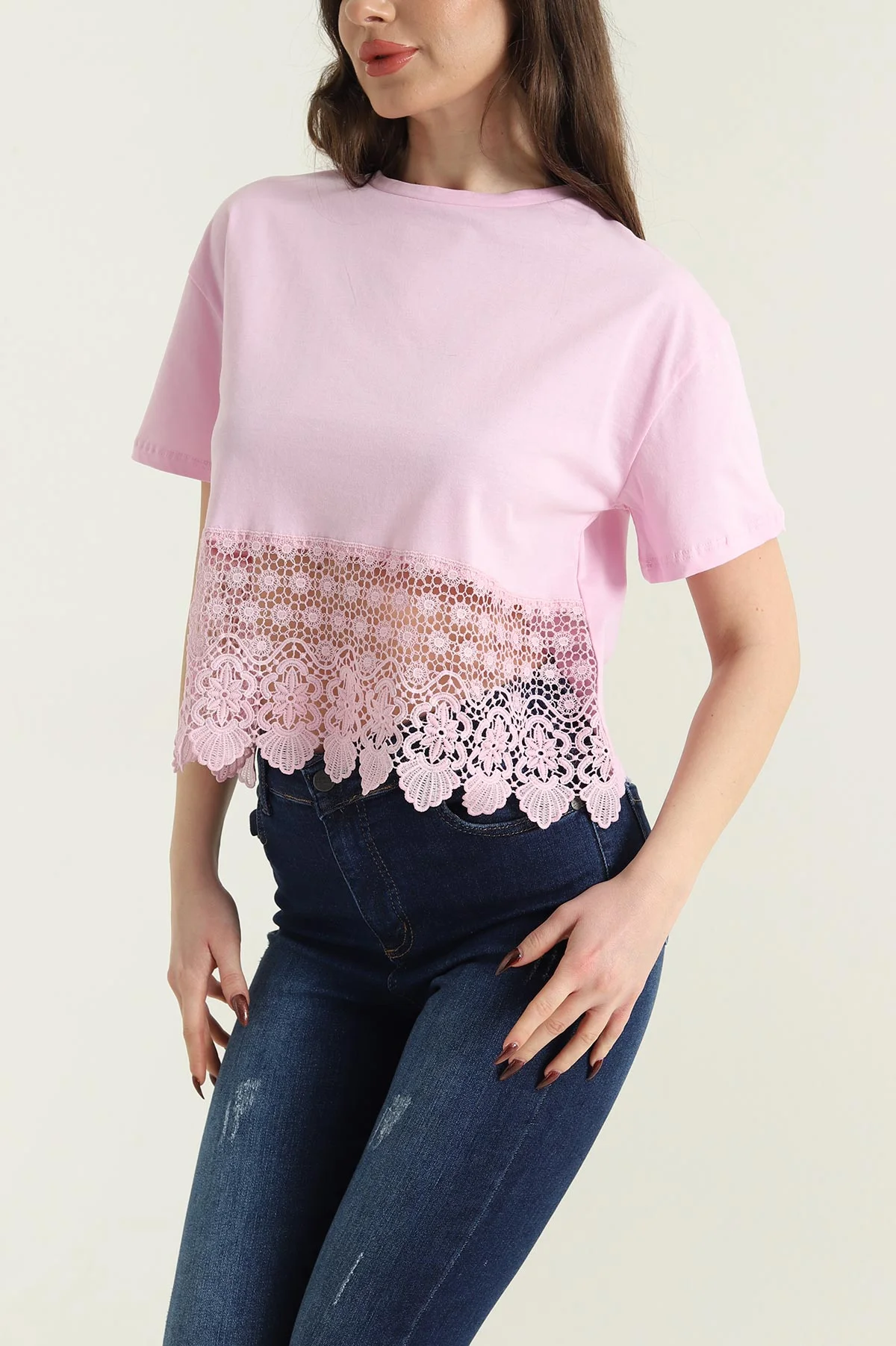 Pembe Bisiklet Yaka Güpür Detay Süprem Kadın Tişört 434241