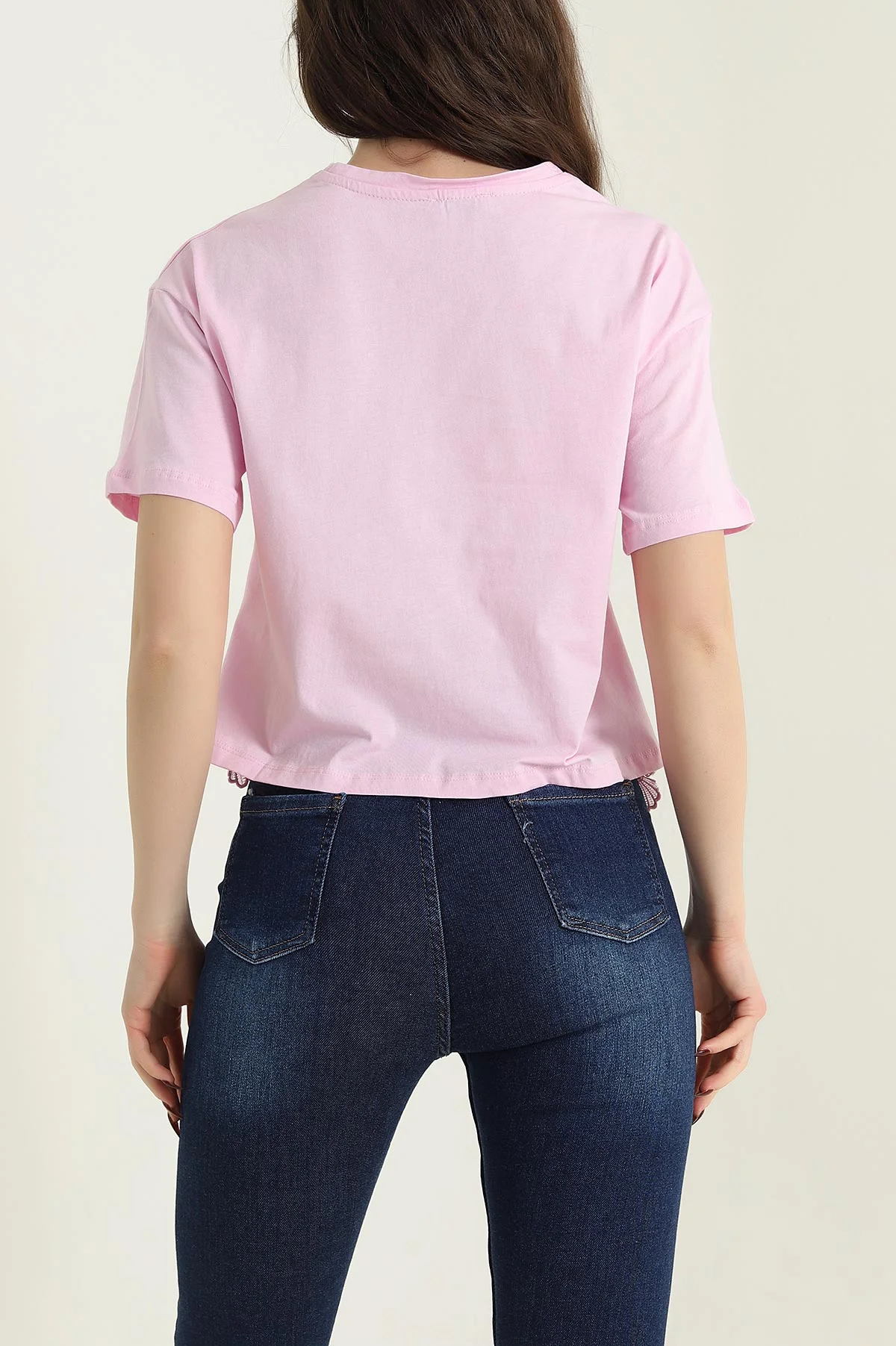 Pembe Bisiklet Yaka Güpür Detay Süprem Kadın Tişört 434241
