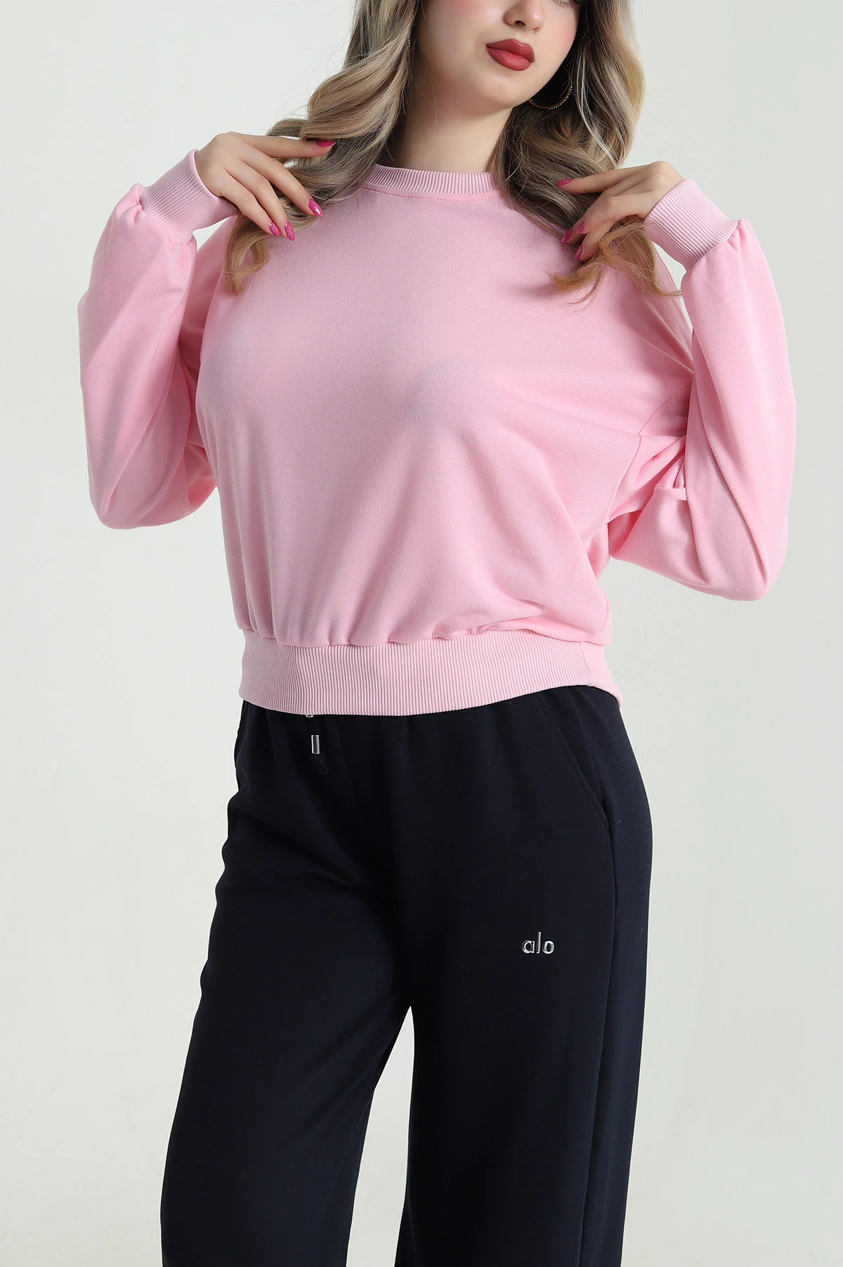 Pembe Bisiklet Yaka İki İp Kadın Sweat 484274