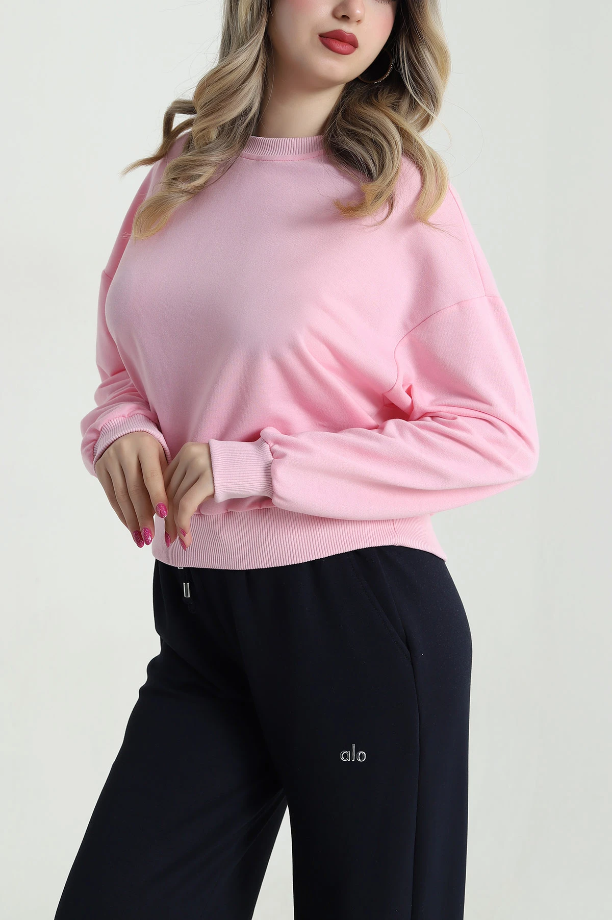 Pembe Bisiklet Yaka İki İp Kadın Sweat 484274