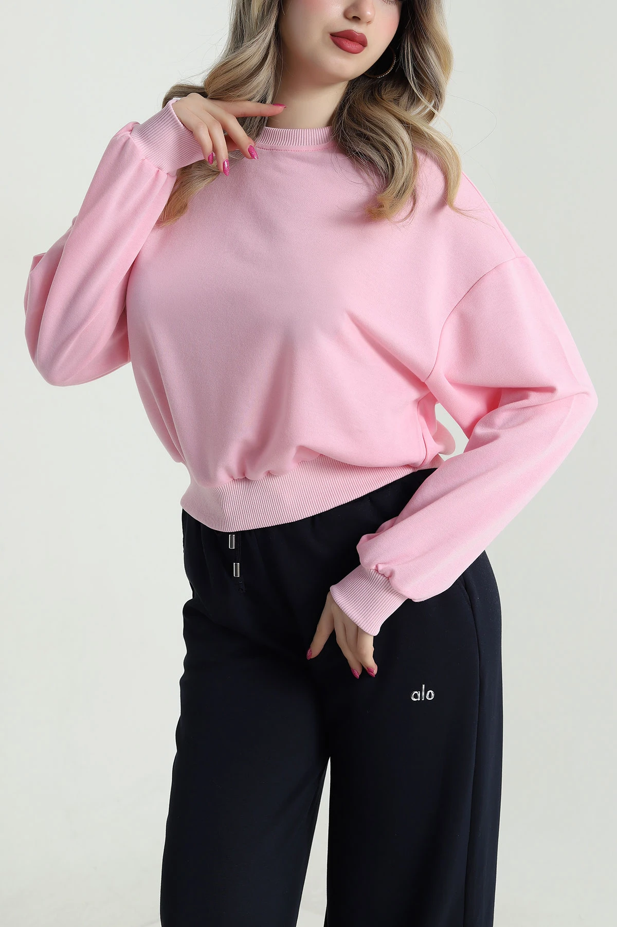 Pembe Bisiklet Yaka İki İp Kadın Sweat 484274