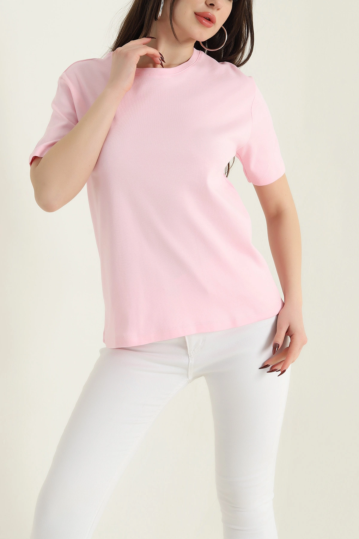 Pembe Bisiklet Yaka İnterlok Kadın Tişört 435241