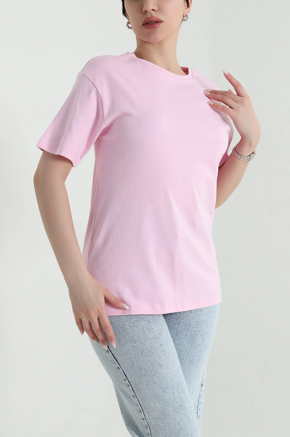 Pembe Bisiklet Yaka İnterlok Kadın Tişört 451079