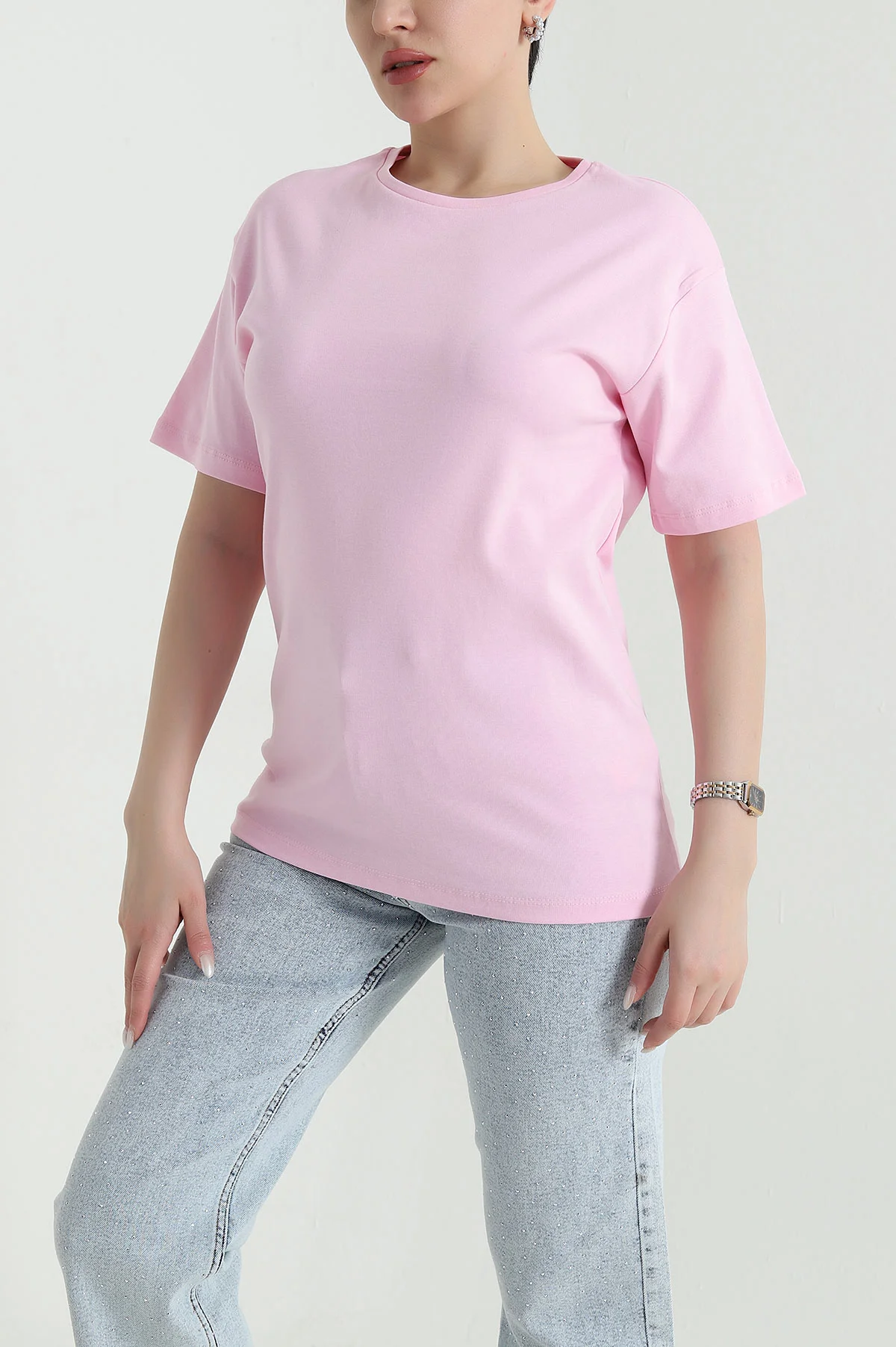 Pembe Bisiklet Yaka İnterlok Kadın Tişört 451079