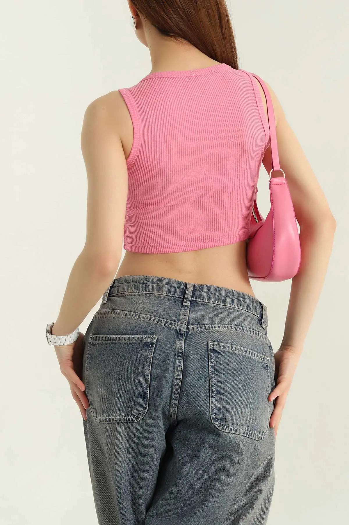 Pembe Bisiklet Yaka Kadın Crop Atlet 364677