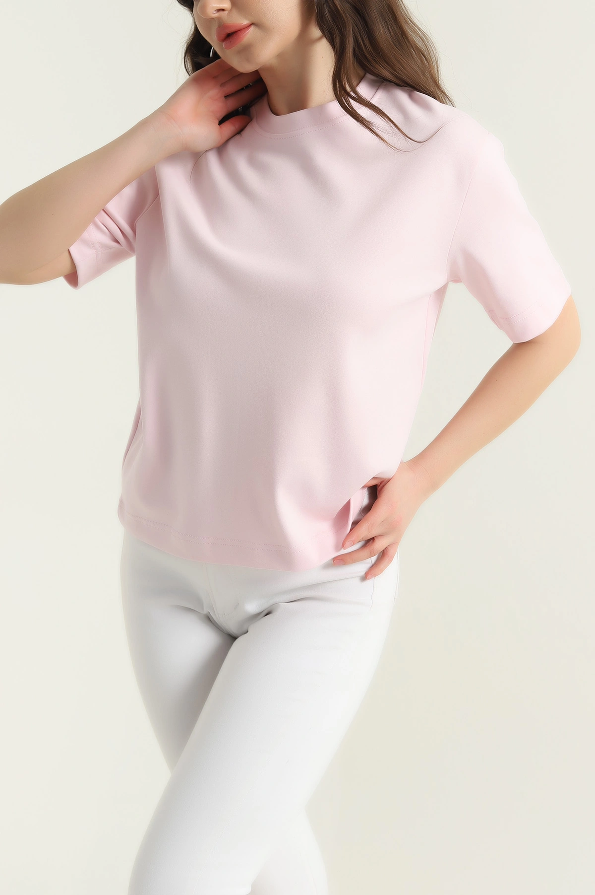Pembe Bisiklet Yaka Kompak Kadın Tişört 428441