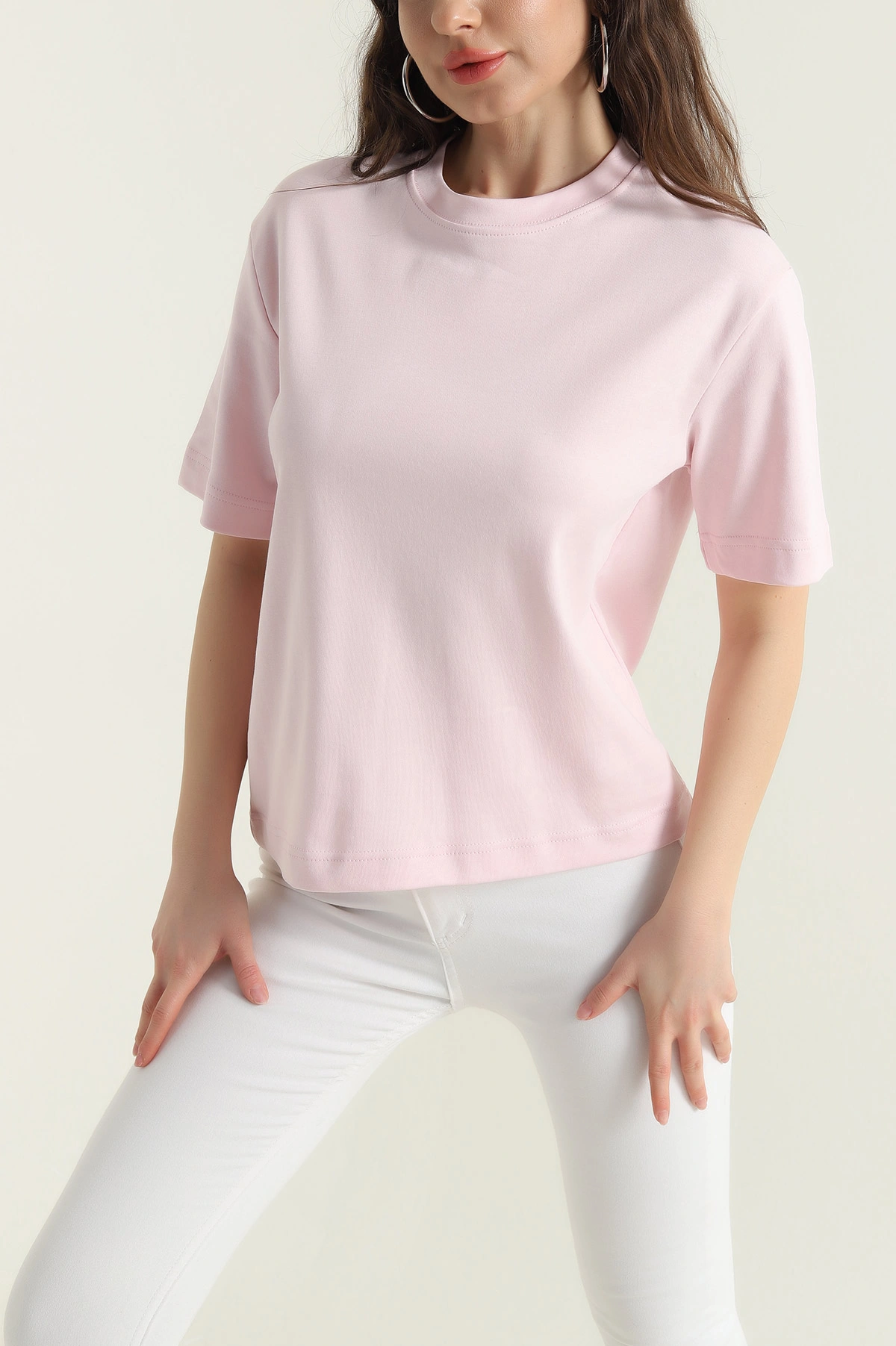 Pembe Bisiklet Yaka Kompak Kadın Tişört 428441
