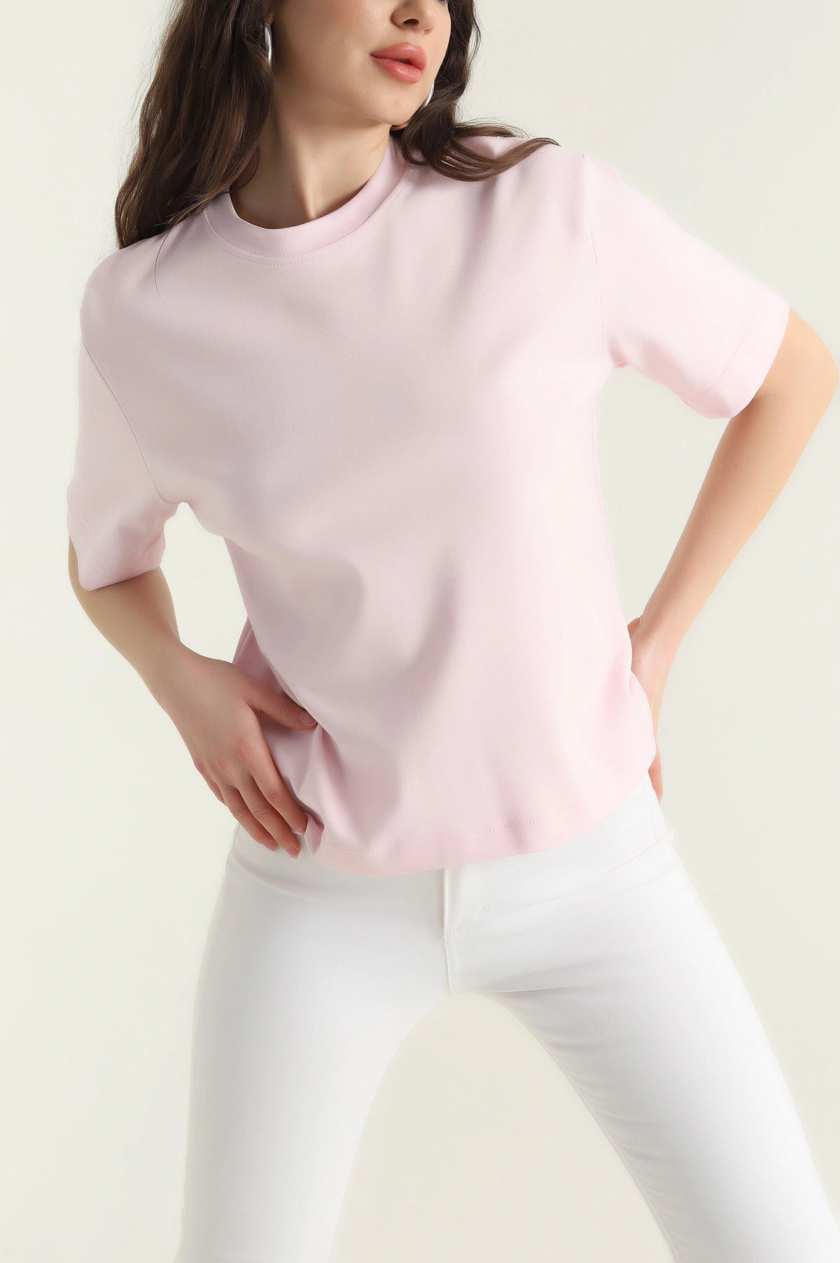 Pembe Bisiklet Yaka Kompak Kadın Tişört 428441