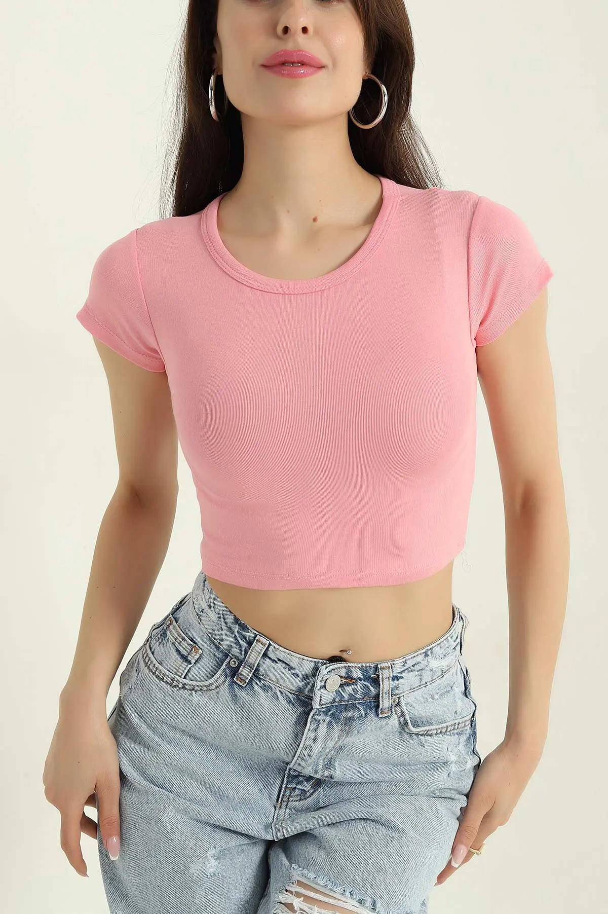 Pembe Bisiklet Yaka Likralı Viskon Bluz 368445