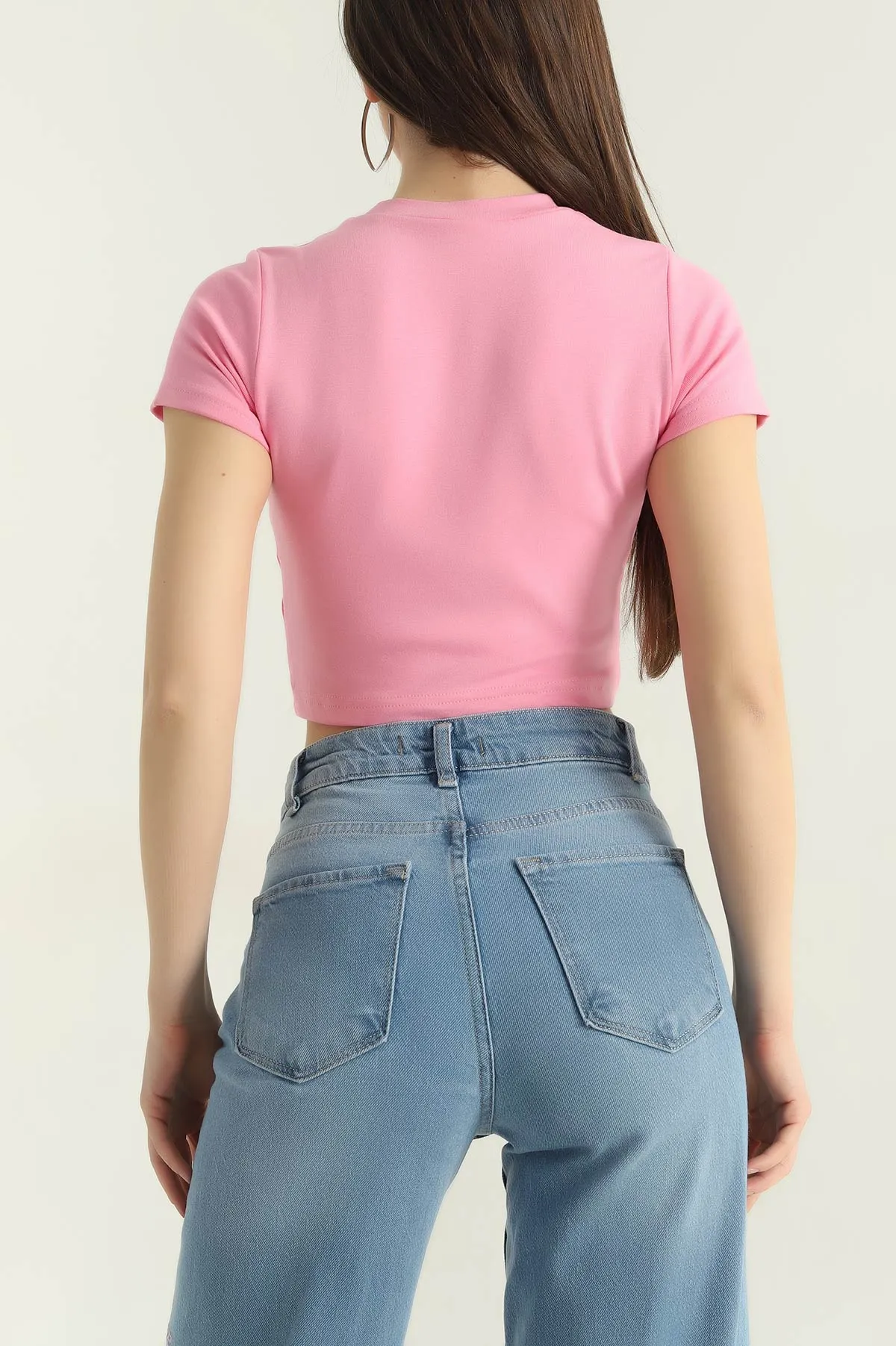Pembe Bisiklet Yaka Likralı Viskon Crop Bluz 357328