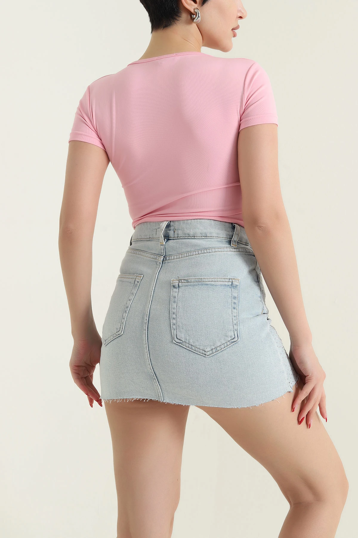 Pembe Bisiklet Yaka Scuba Kadın Zıbın Bluz 432341