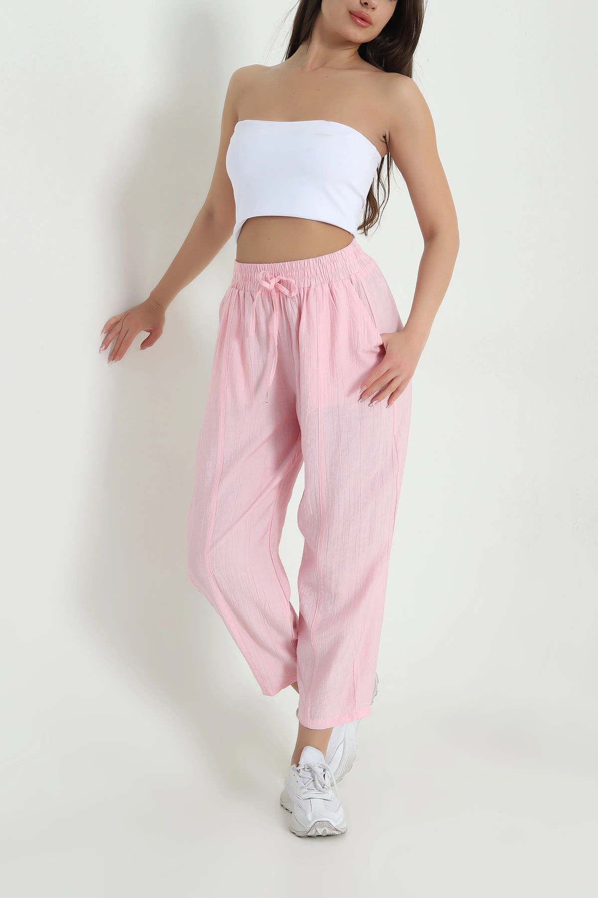 Pembe Biye Bağcıklı Çilek Kadın Pantolon 460029