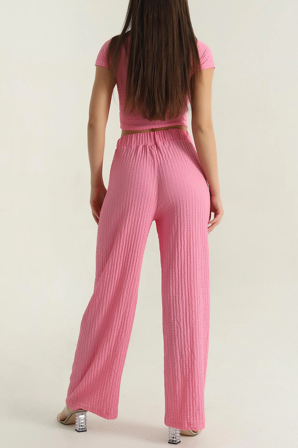 Pembe Bluz Pantolon Gofre Kadın İkili Takım 377538