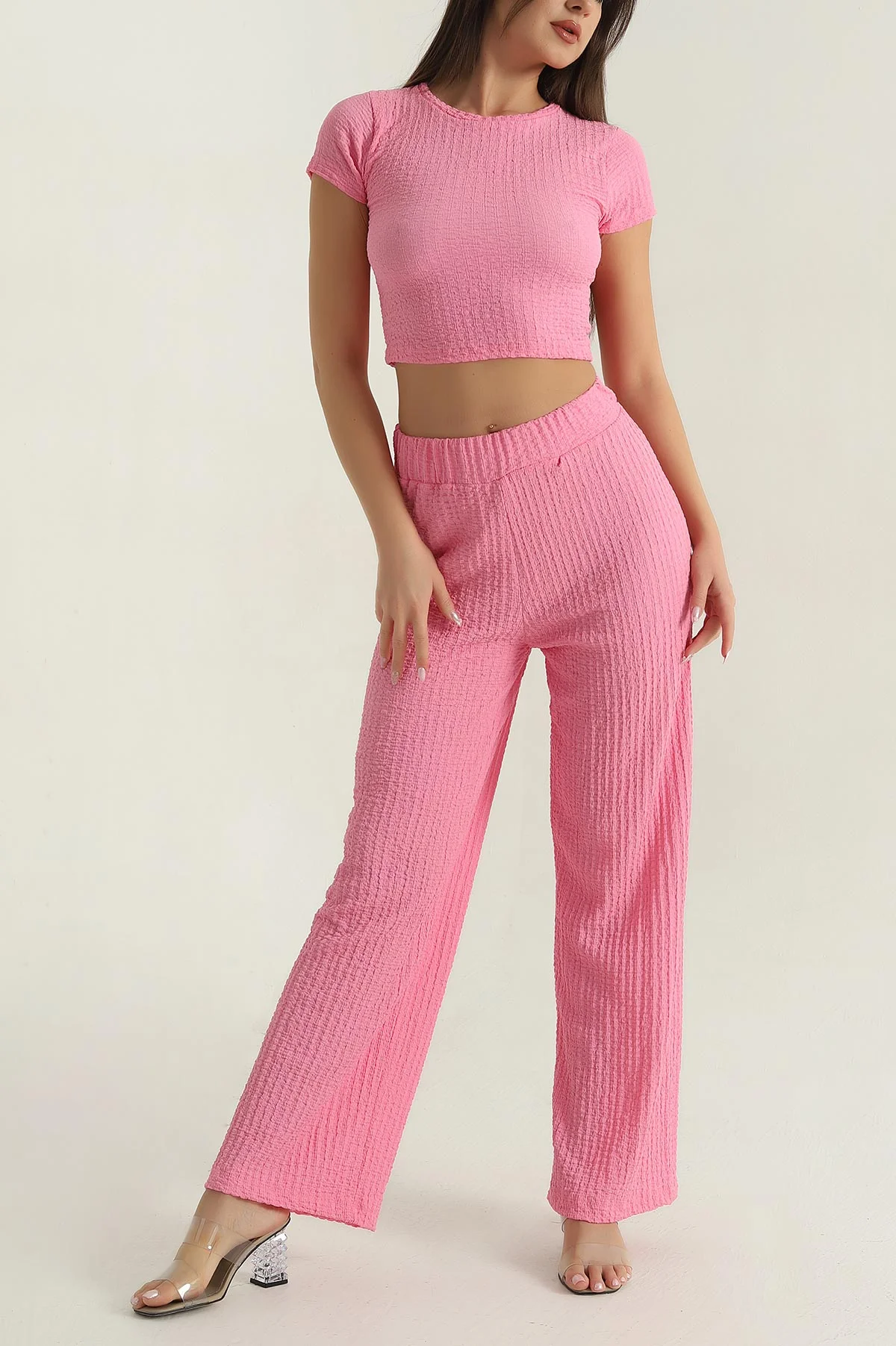 Pembe Bluz Pantolon Gofre Kadın İkili Takım 377538