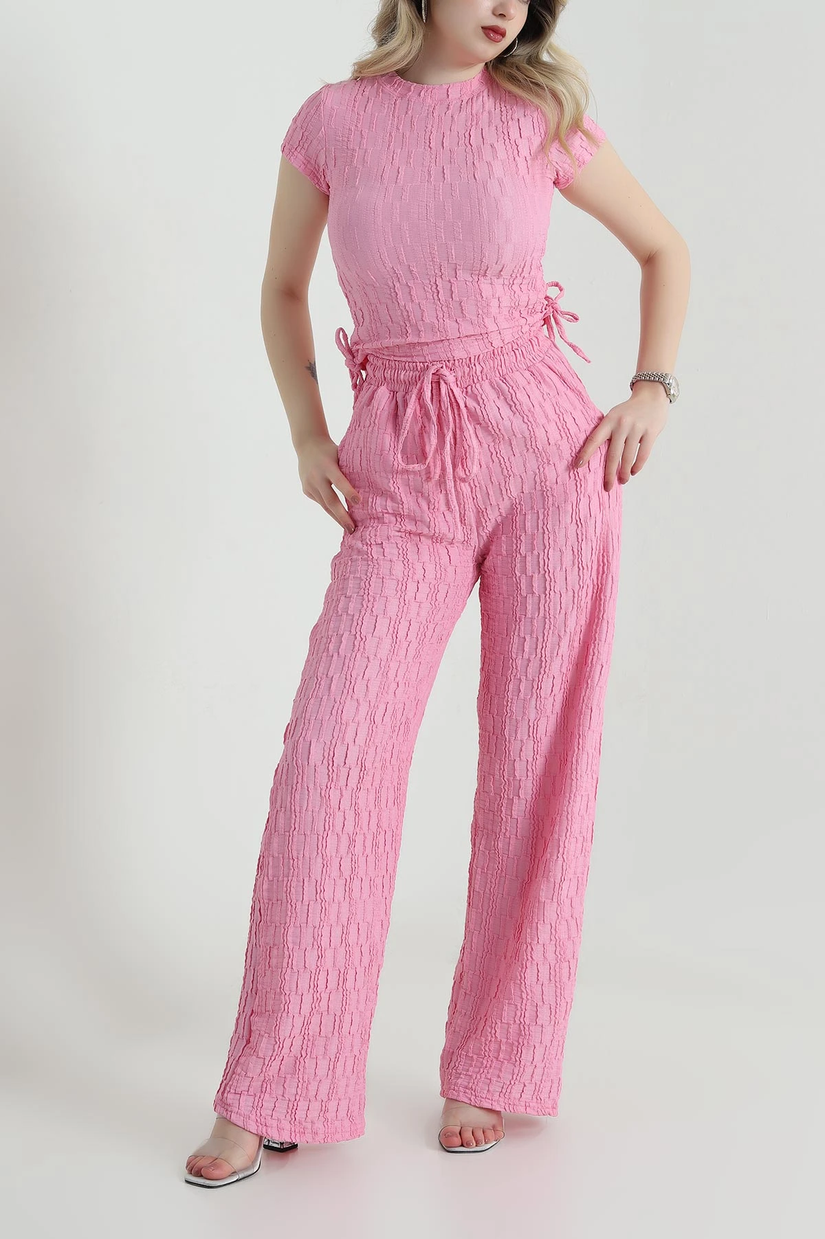 Pembe Bluz Pantolon Gofre Kadın İkili Takım 458367