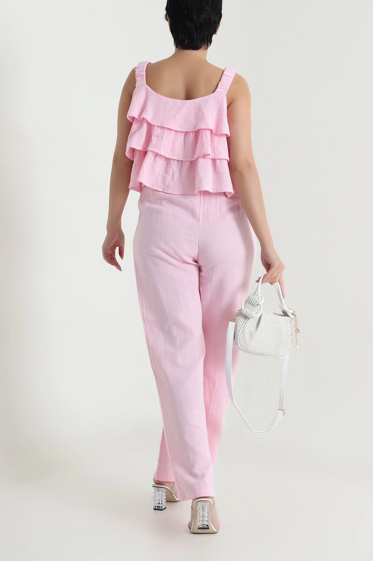 Pembe Bluz Pantolon Müslin Keten Kadın İkili Takım 480687