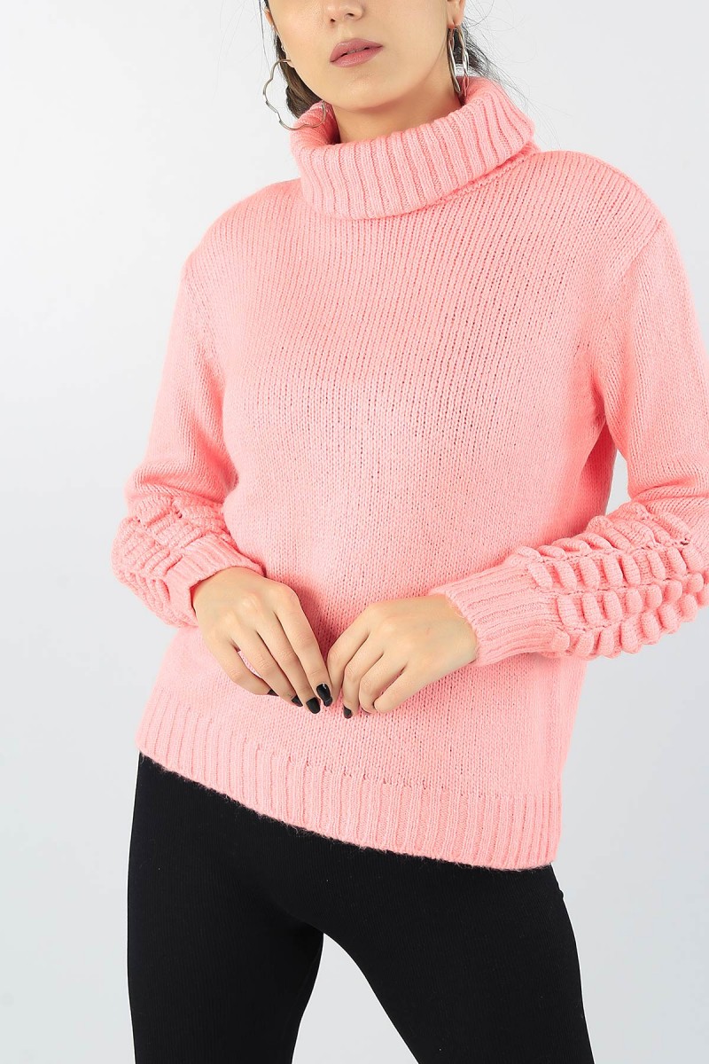 Pembe Boğazlı Kol Detay Bayan Kazak 53851