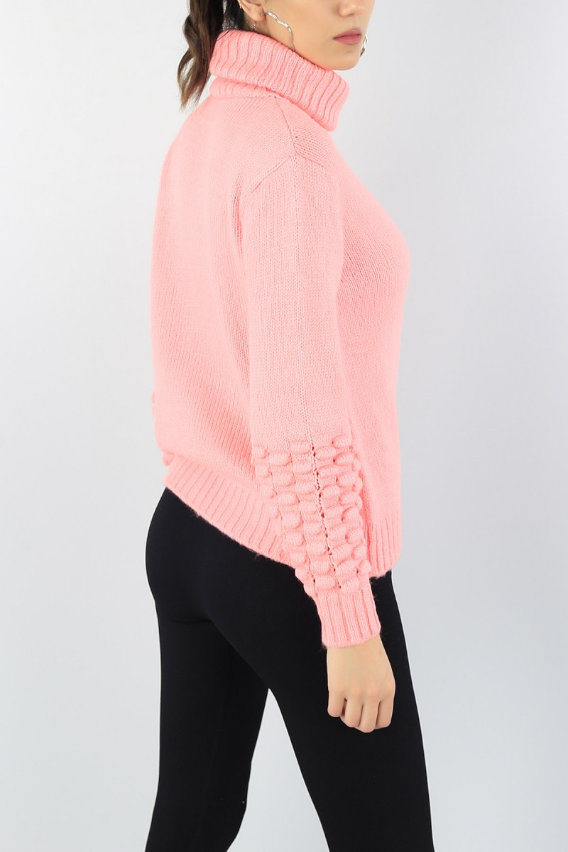Pembe Boğazlı Kol Detay Bayan Kazak 53851