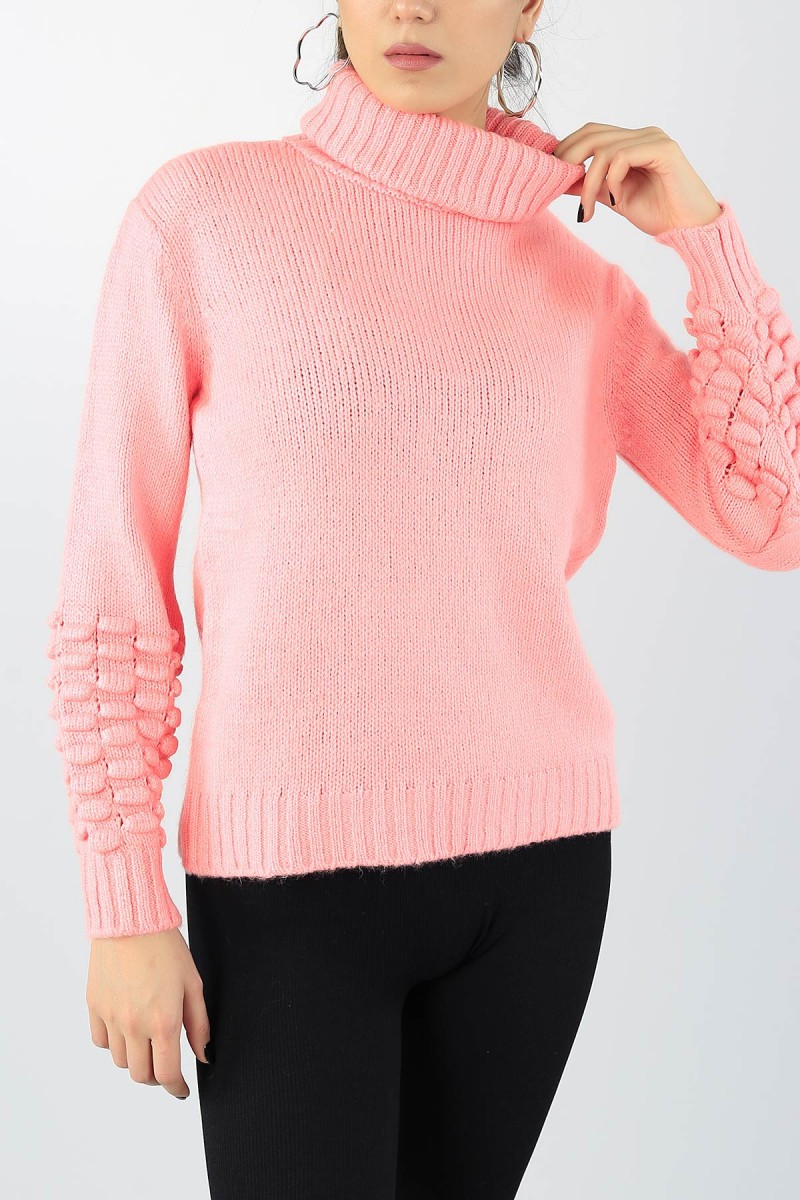 Pembe Boğazlı Kol Detay Bayan Kazak 53851
