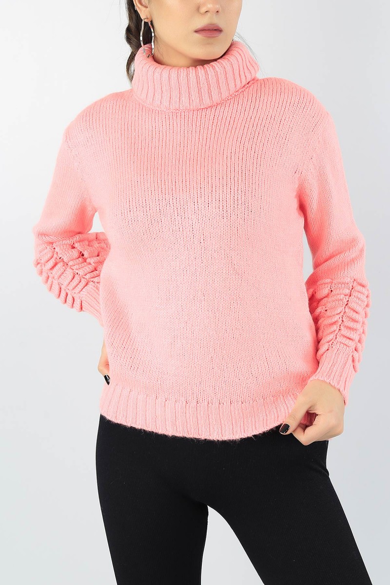 Pembe Boğazlı Kol Detay Bayan Kazak 53851