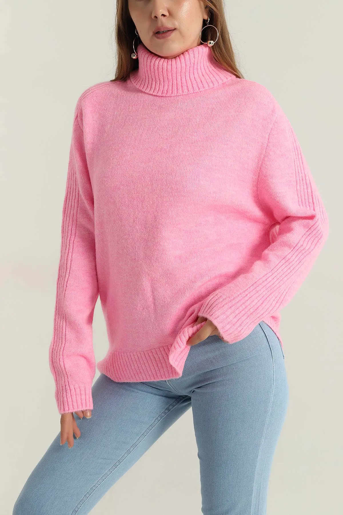 Pembe Boğazlı Triko Kadın Kazak 408930