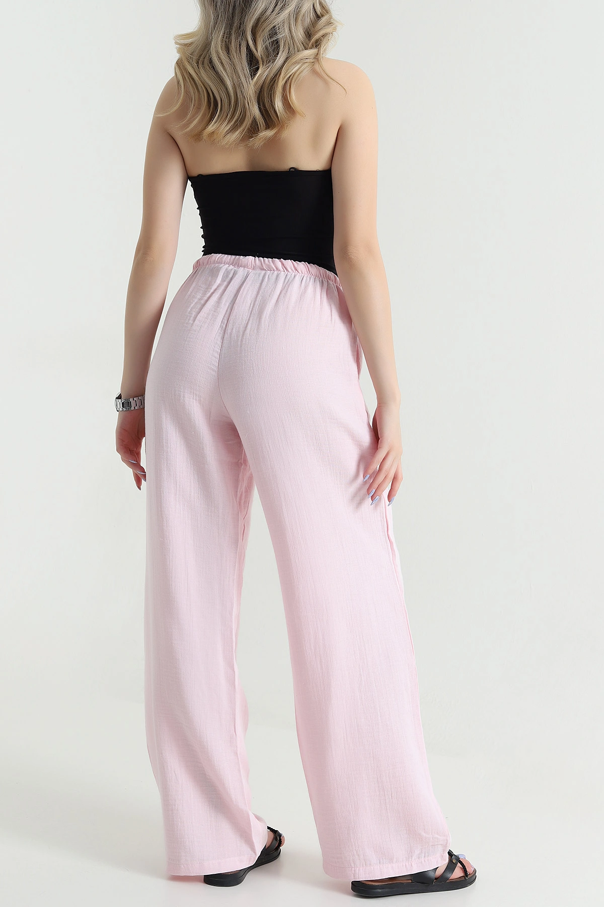 Pembe Bol Paça Cepli Müslin Kadın Pantolon 475329