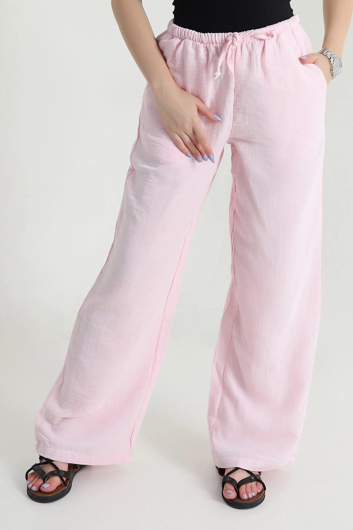 Pembe Bol Paça Cepli Müslin Kadın Pantolon 475329