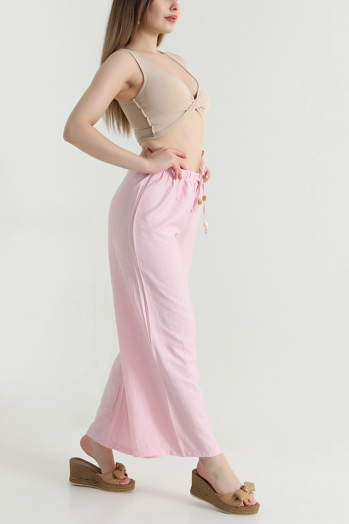 Pembe Bol Paça Krinkıl Kadın Pantolon 471106