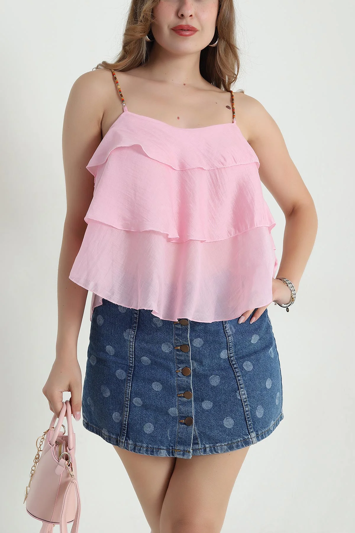 Pembe Boncuk Askı Detay Tencel Kadın Bluz 478614