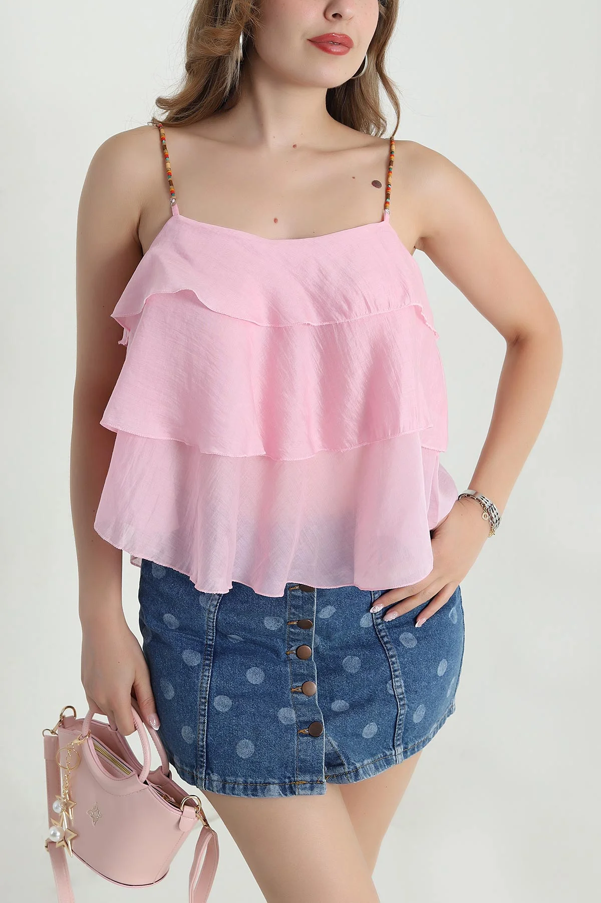 Pembe Boncuk Askı Detay Tencel Kadın Bluz 478614