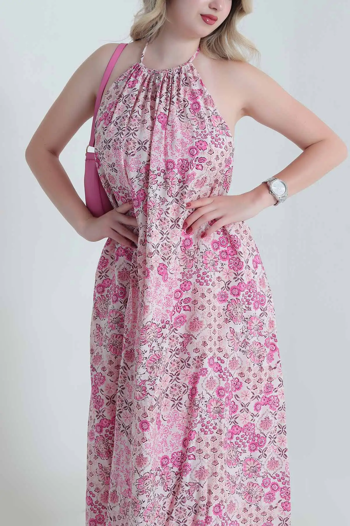 Pembe Boyun Bağlamalı Modal Kadın Elbise 464778