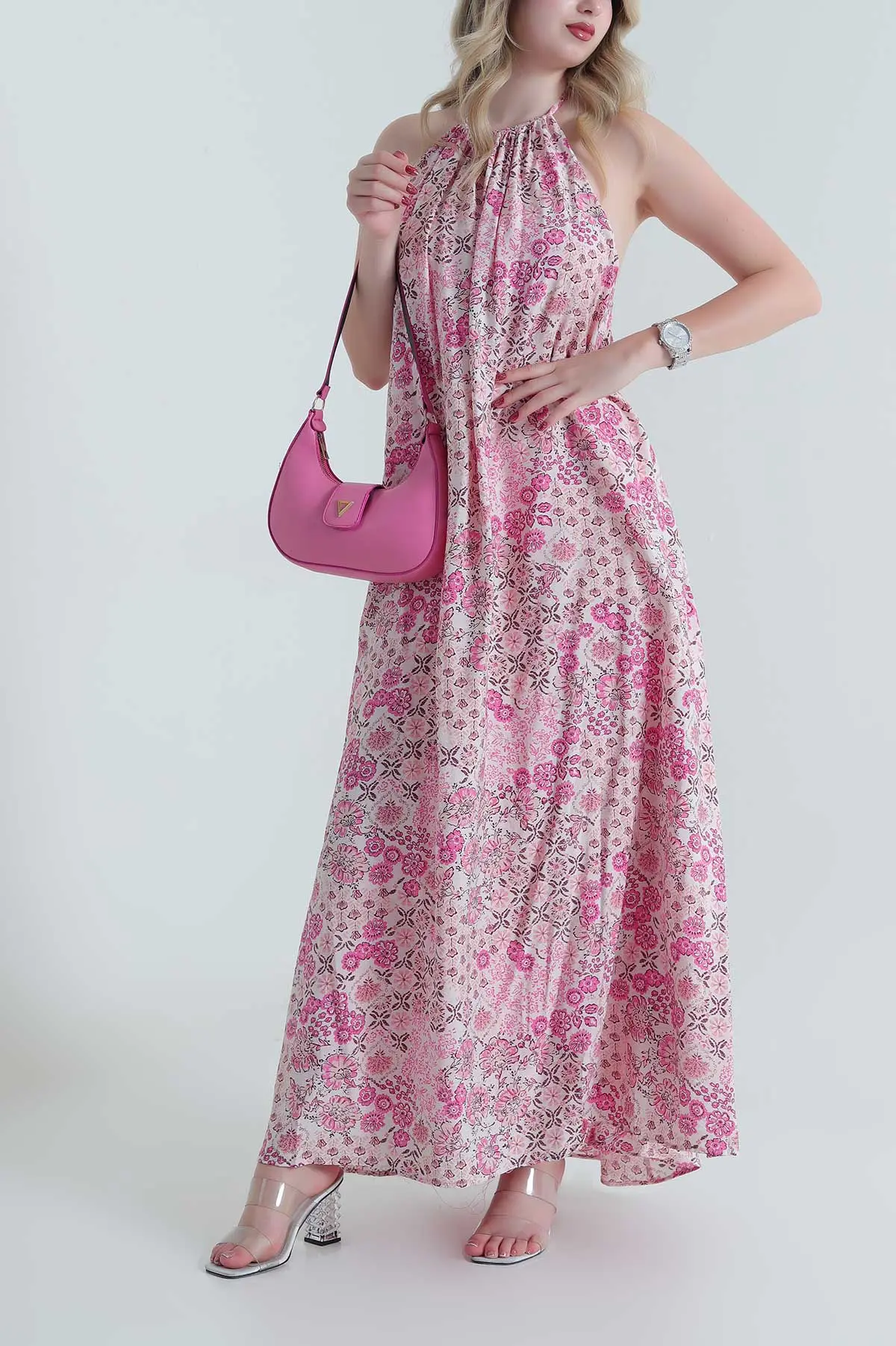 Pembe Boyun Bağlamalı Modal Kadın Elbise 464778