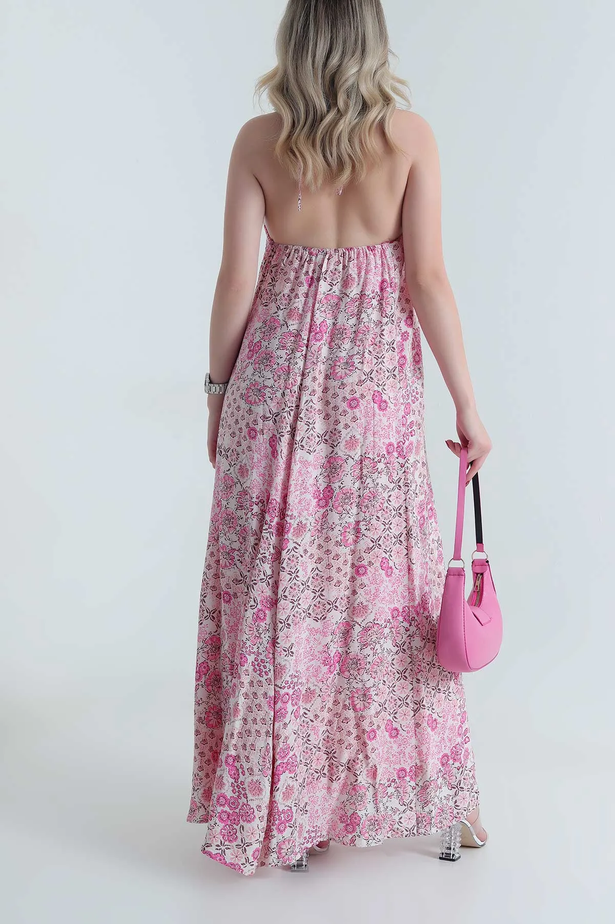 Pembe Boyun Bağlamalı Modal Kadın Elbise 464778