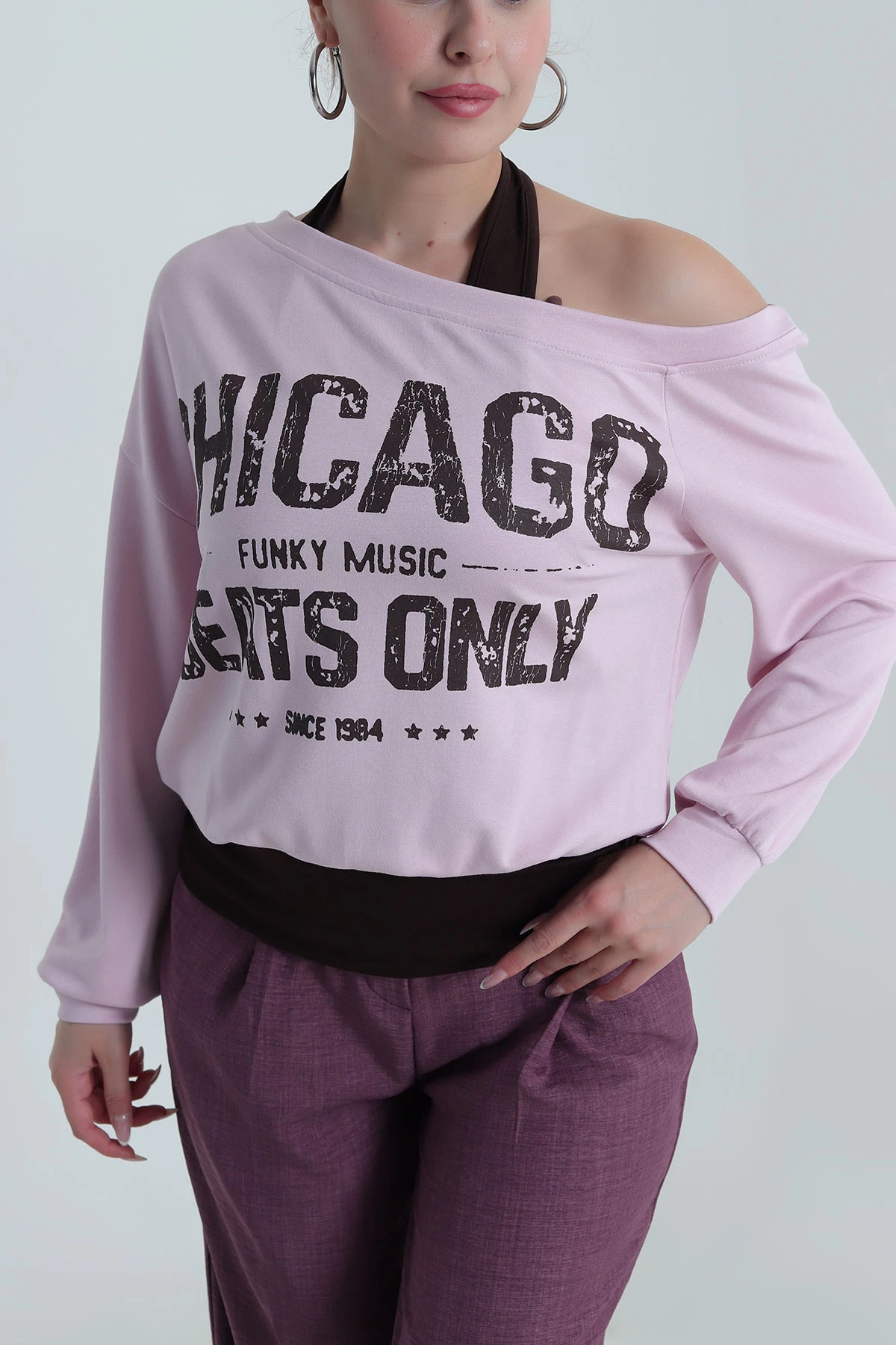 Pembe Boyun Geçmeli Baskılı Vortex Kadın Bluz 487907
