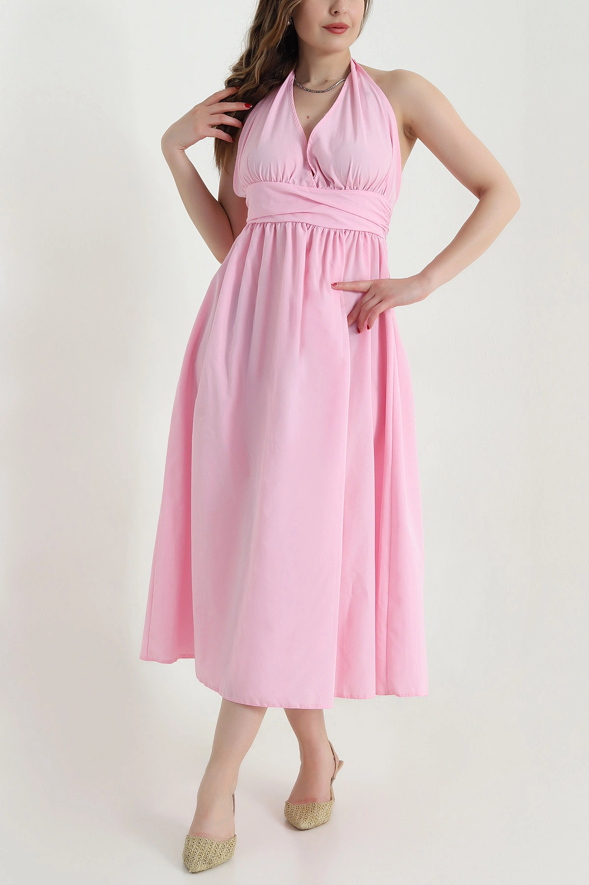 Pembe Boyundan Bağlamalı Poplin Kadın Elbise 467923