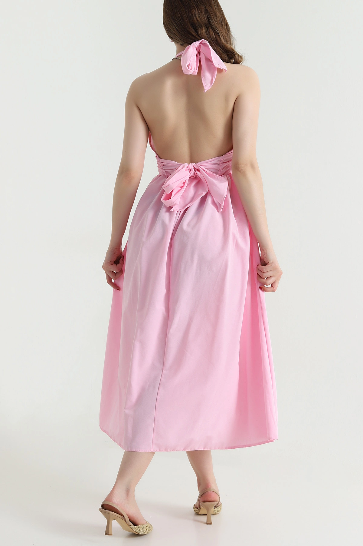 Pembe Boyundan Bağlamalı Poplin Kadın Elbise 467923
