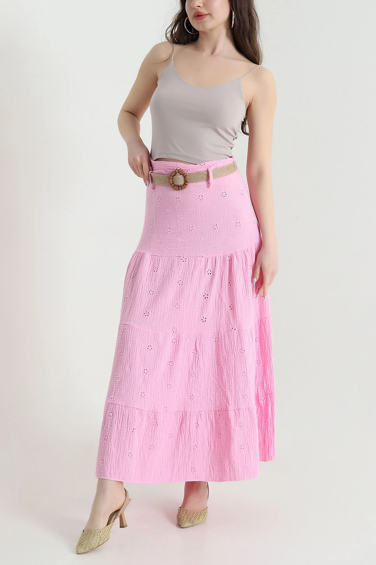Pembe Brodeli Müslin Keten Kadın Etek 450856