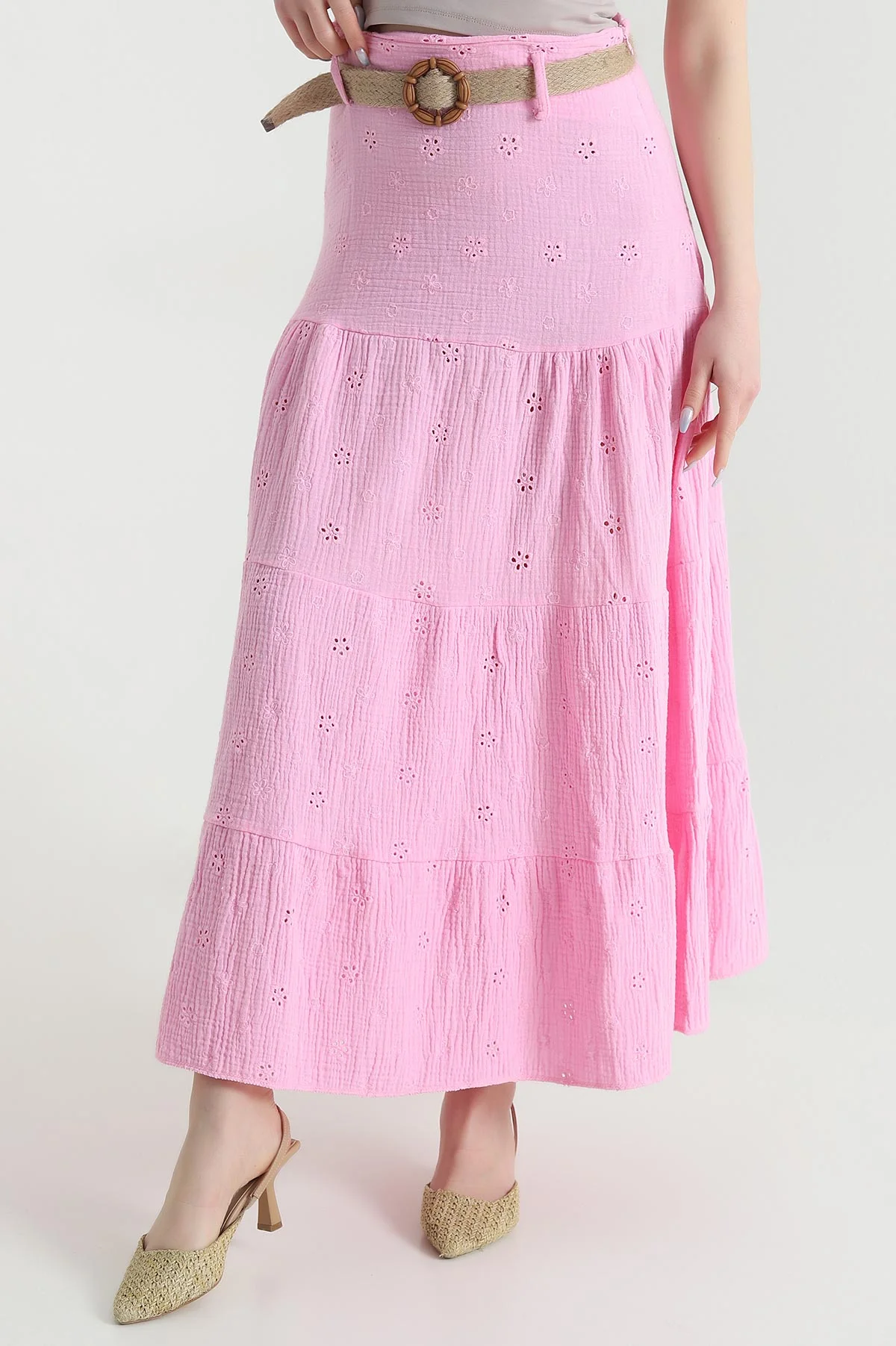 Pembe Brodeli Müslin Keten Kadın Etek 450856