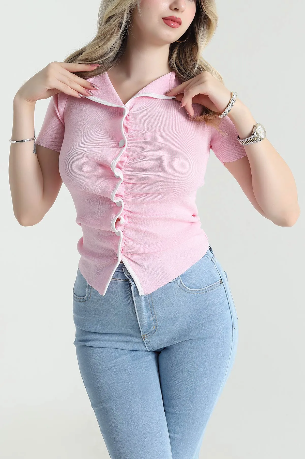 Pembe Büzgülü Düğmeli Kadın Triko 477748