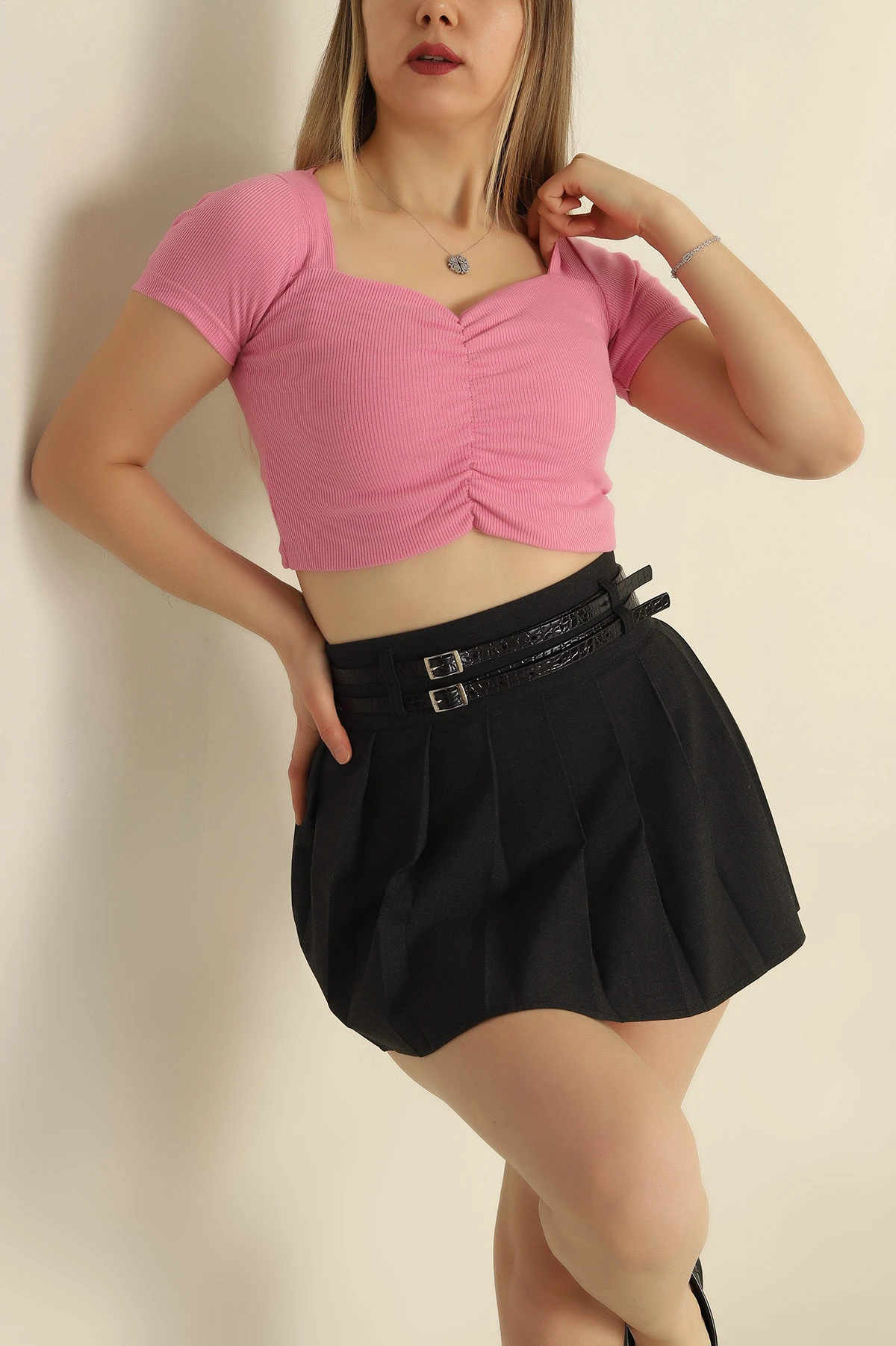 Pembe Büzgülü Fitilli Bluz 251426