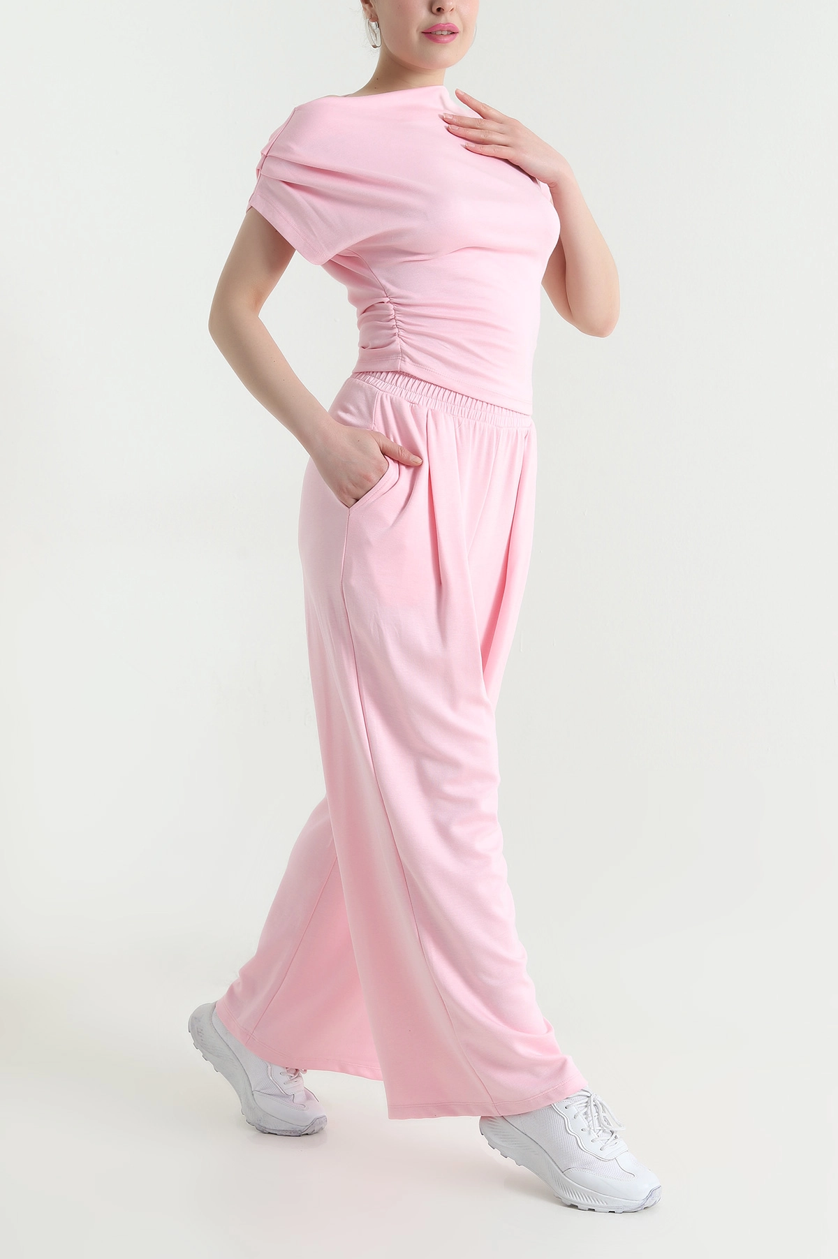 Pembe Büzgülü Likralı Modal Kadın İkili Takım 452560