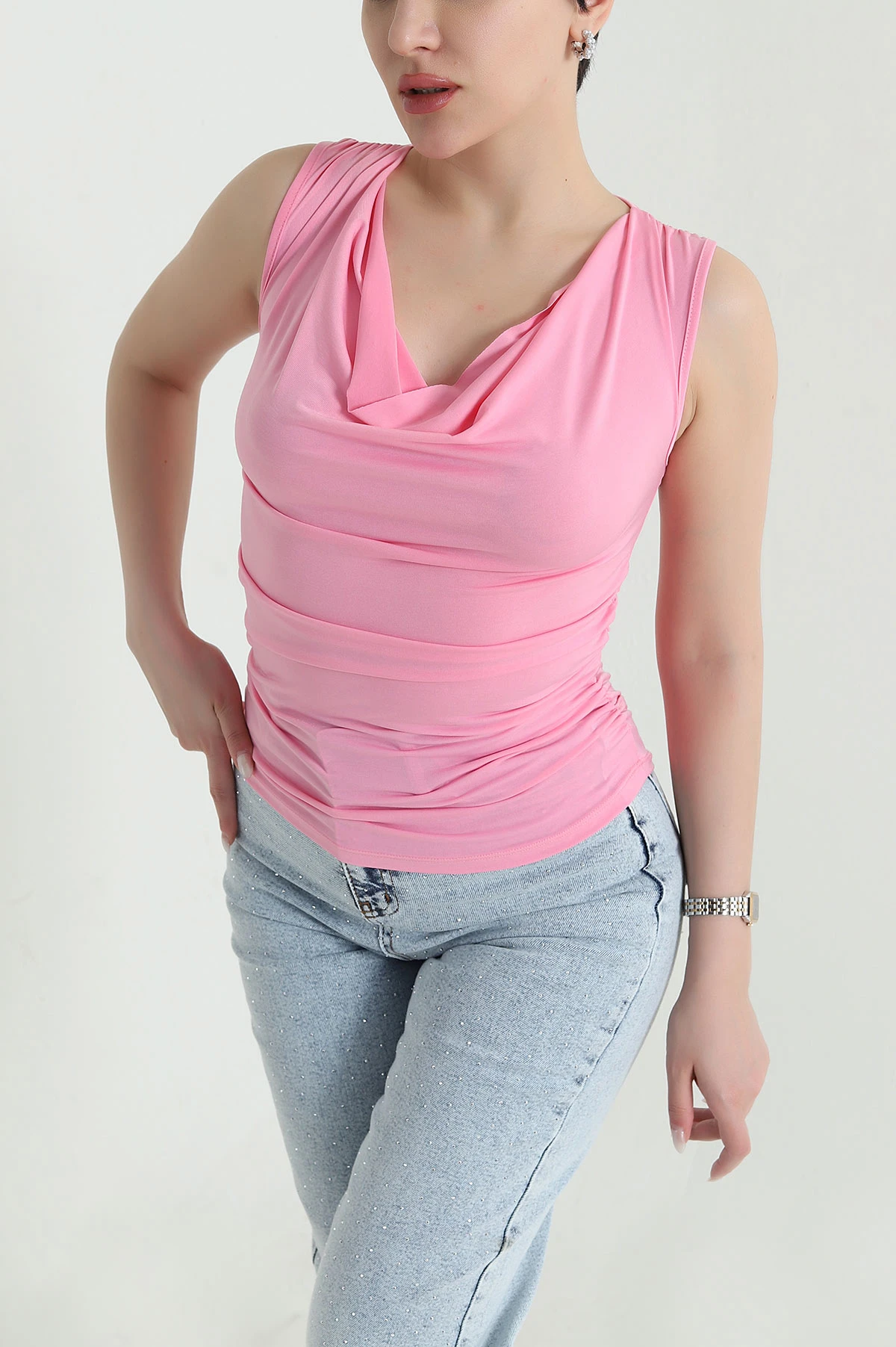 Pembe Büzgülü Likralı Sandy Kadın Bluz 451338