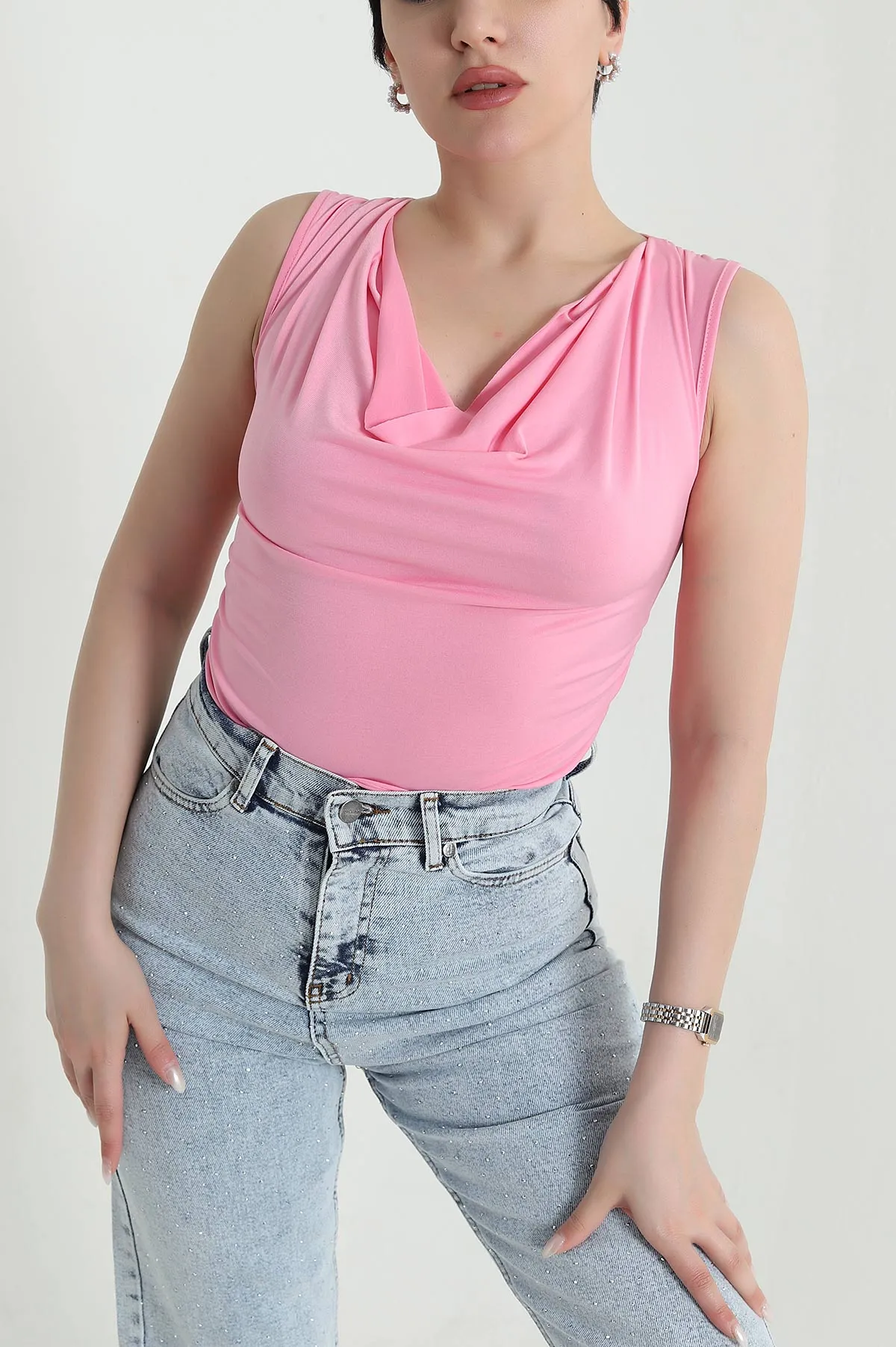 Pembe Büzgülü Likralı Sandy Kadın Bluz 451338