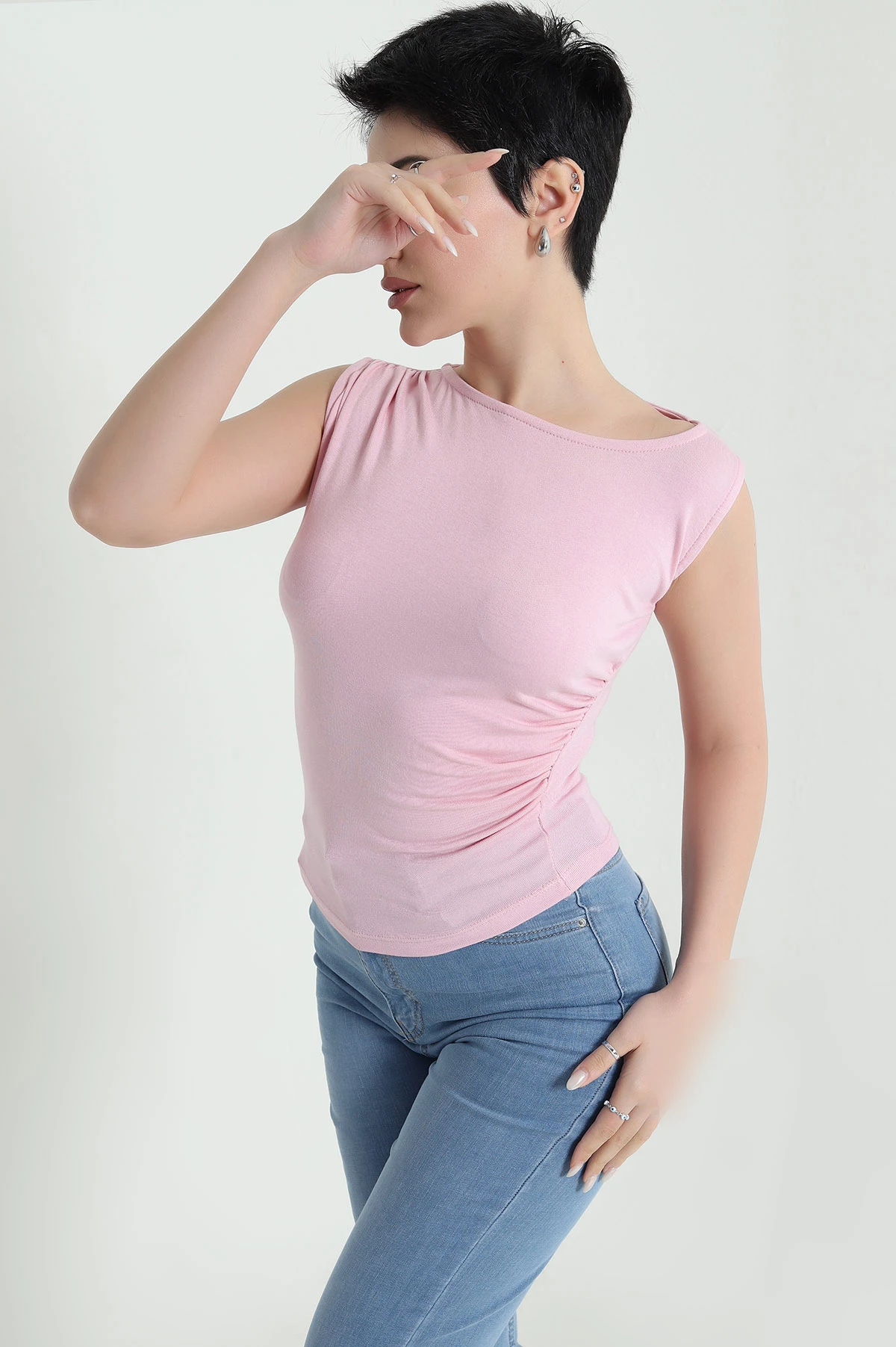 Pembe Büzgülü Likralı Viskon Kadın Bluz 448472