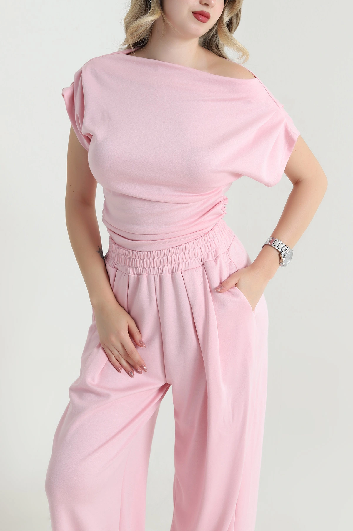 Pembe Büzgülü Modal Kumaş Kadın İkili Takım 467278