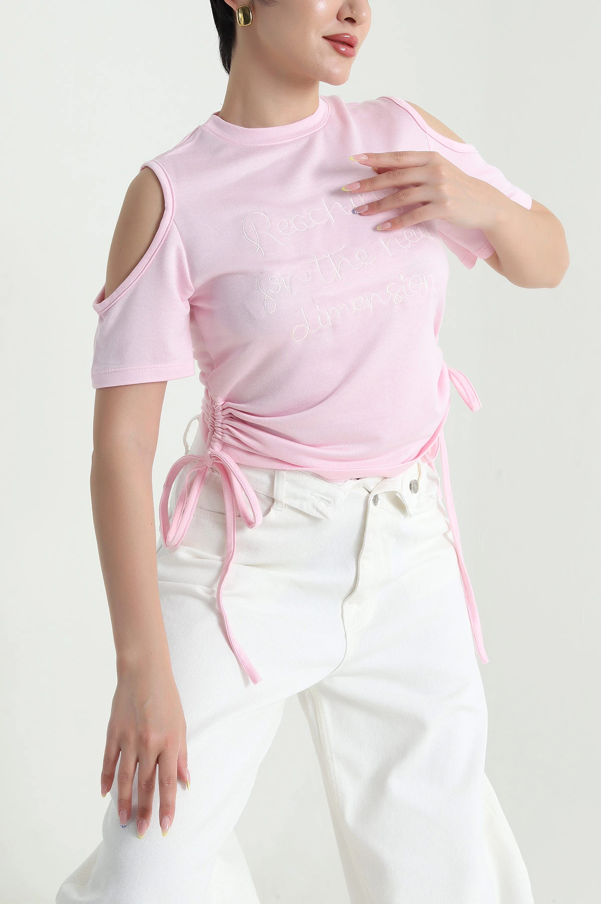Pembe Büzgülü Nakışlı İki İp Kadın Bluz 469397