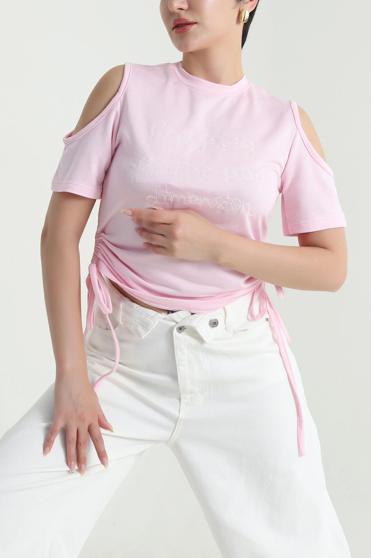 Pembe Büzgülü Nakışlı İki İp Kadın Bluz 469397