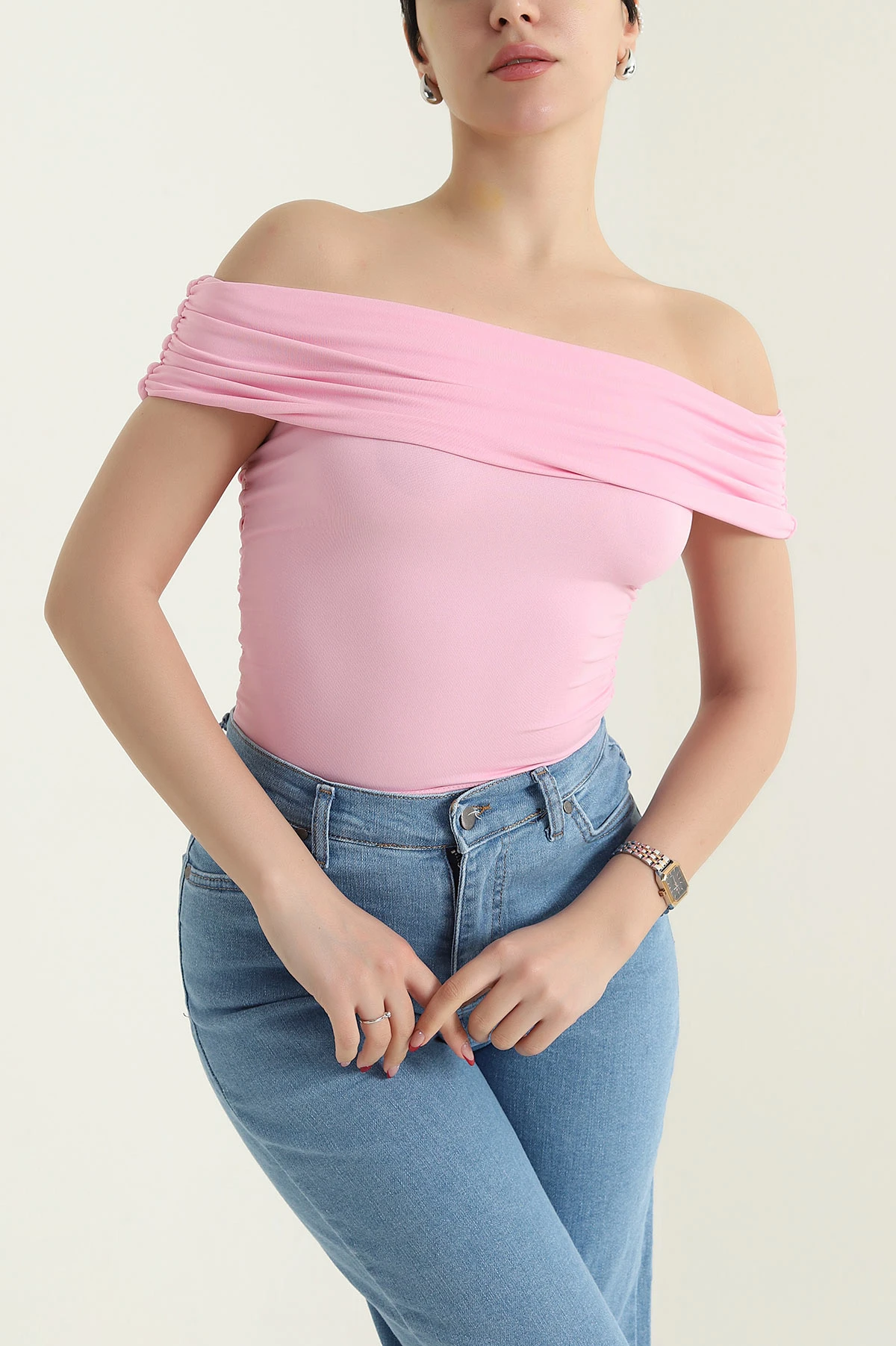 Pembe Büzgülü Scuba Kadın Bluz 432348