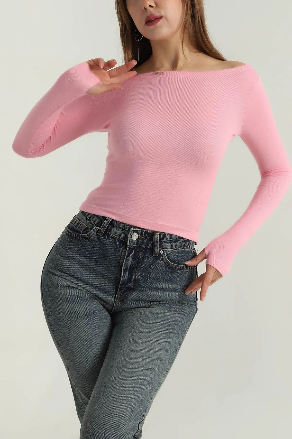Pembe Buzi Kayık Yaka Parmak Geçmeli Kadın Bluz 400256